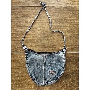 Shane Co Denim Acid Wash Denim‎ Mini Shoulder Bag Flower Hobo 90s 80s Glam Rock